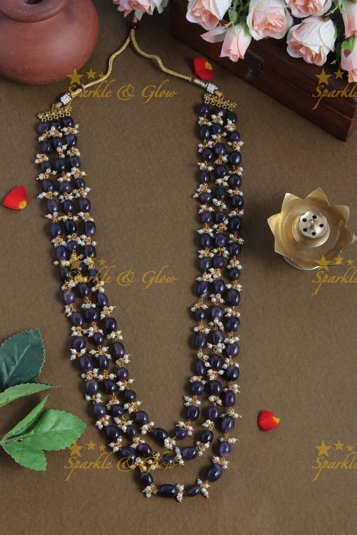 Three Layered Blue Bead Chain with Pearls - Sparkle and Glow
