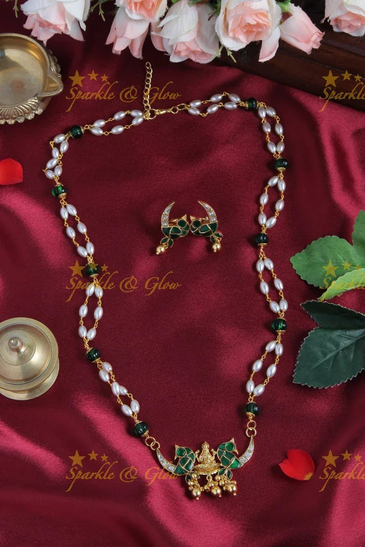Beautiful Necklace with Lakshmi Peacock Pendent - Green - Sparkle and Glow