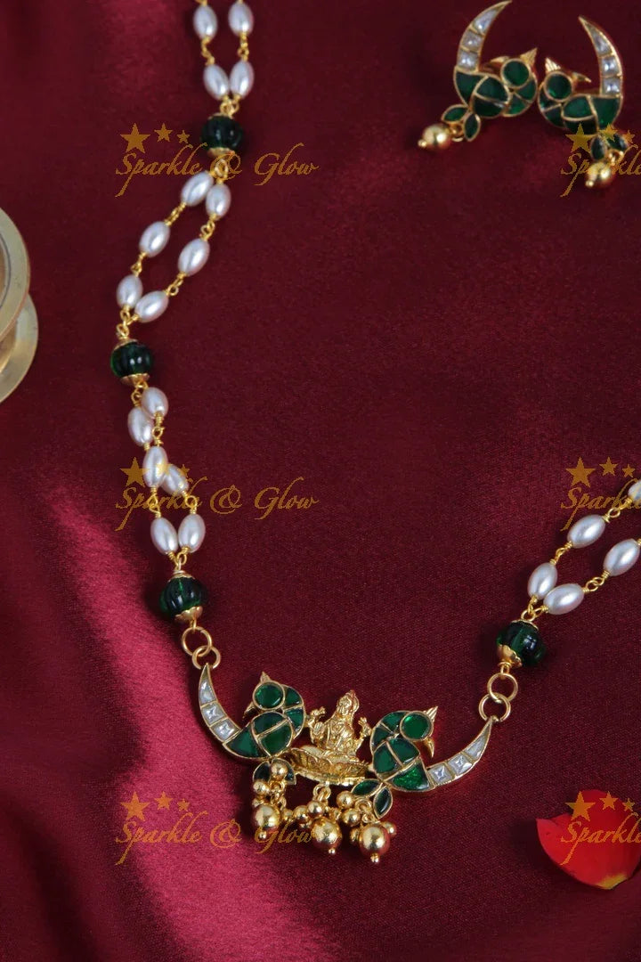 Beautiful Necklace with Lakshmi Peacock Pendent - Green - Sparkle and Glow