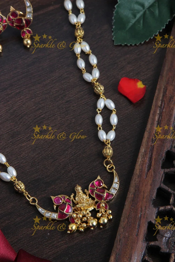 Beautiful Necklace with Lakshmi Peacock Pendent - Green - Sparkle and Glow