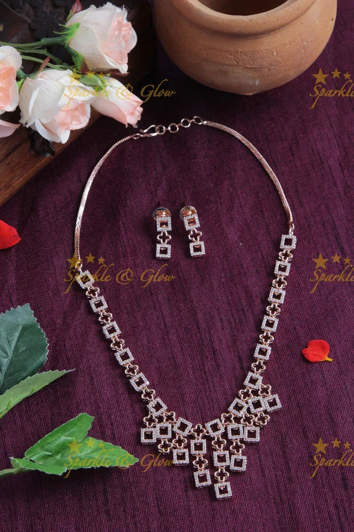 Rose Gold AD Stone Floral square Necklace - Sparkle and Glow
