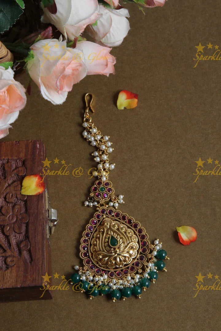 Gold Alike Floral Pearl Maang Tikka with Green beads - Sparkle and Glow