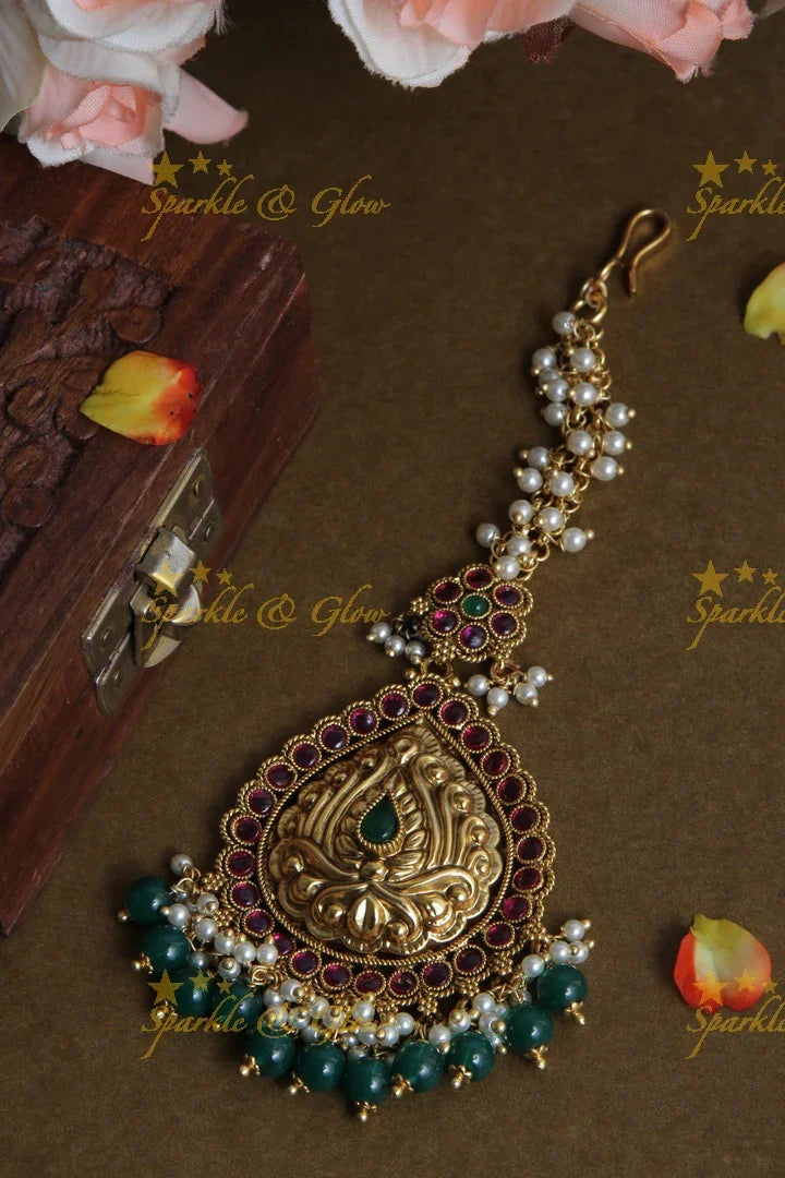 Gold Alike Floral Pearl Maang Tikka with Green beads - Sparkle and Glow