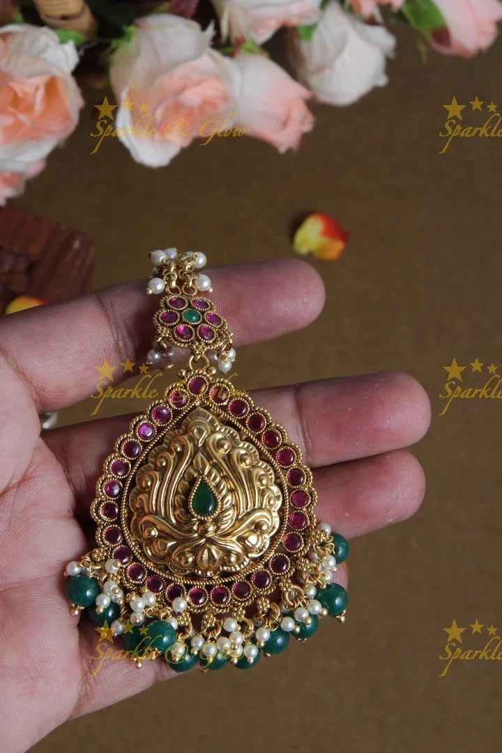 Gold Alike Floral Pearl Maang Tikka with Green beads - Sparkle and Glow