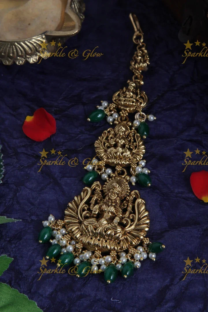Beautiful Lakshmi Maang Tikka with Pearls and green beads - Sparkle and Glow