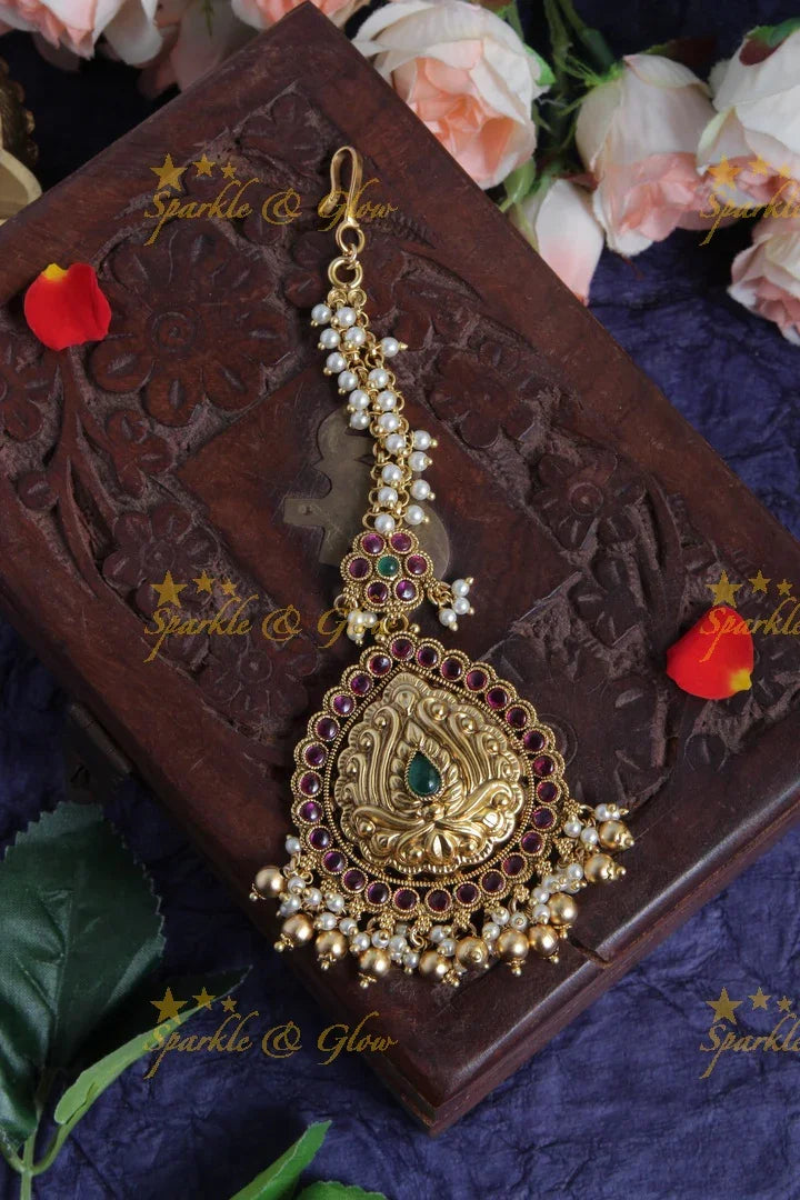 Gold Alike Floral Pearl Maang Tikka with Green beads - Sparkle and Glow