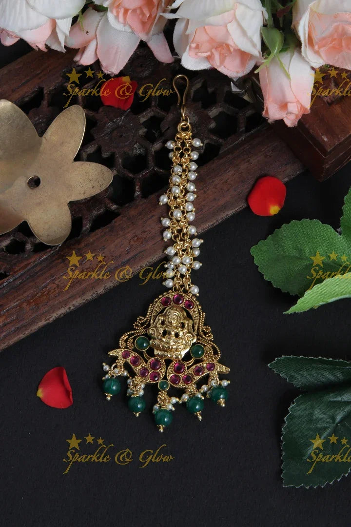 Beautiful Lakhsmi Maang Tikka with Green beads - Sparkle and Glow