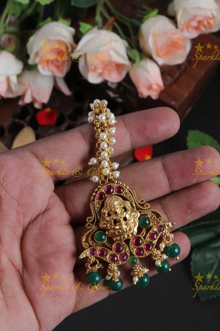 Beautiful Lakhsmi Maang Tikka with Green beads - Sparkle and Glow