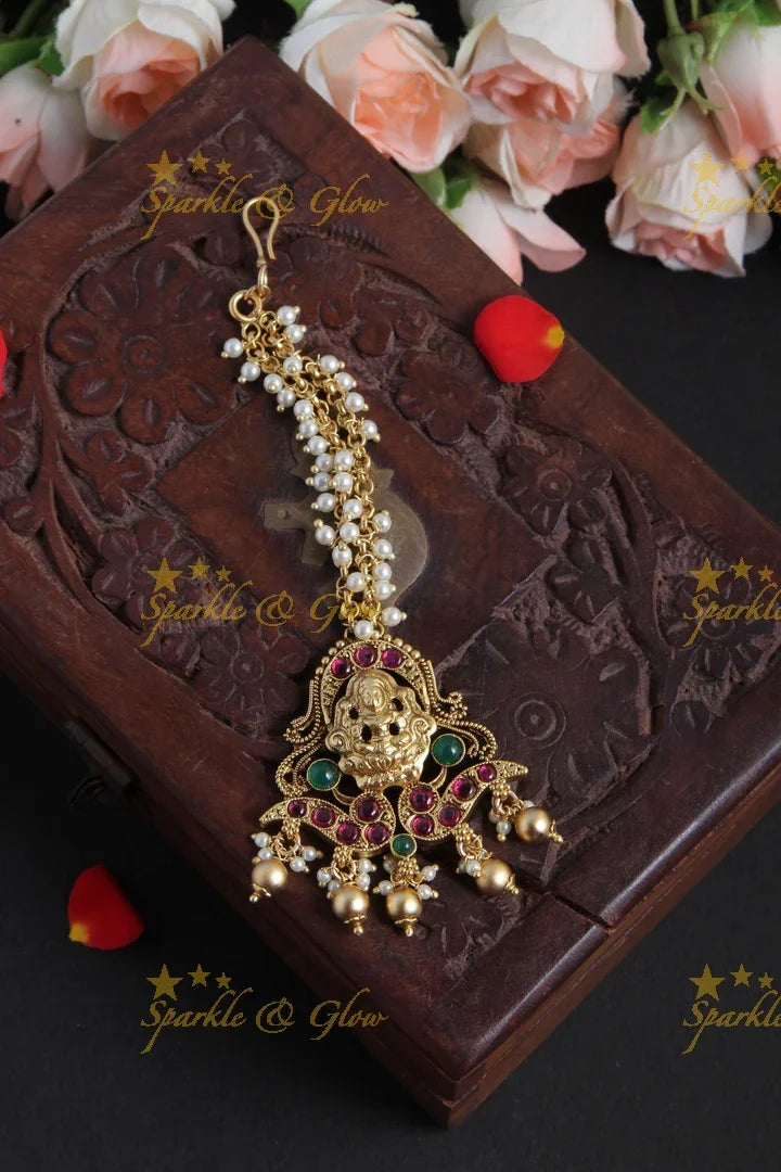 Beautiful Lakhsmi Maang Tikka with Green beads - Sparkle and Glow