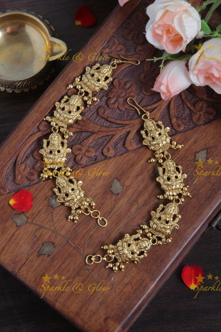 Beautiful Lakshmi Earchain with Gold beads - Sparkle and Glow