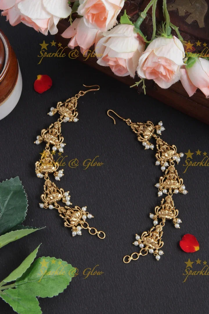 Beautiful Lakshmi Earchain with Gold beads - Sparkle and Glow