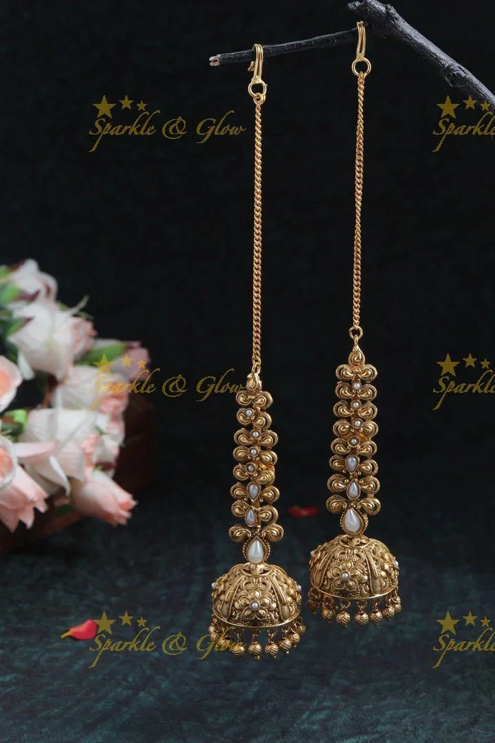 Gold alike finish jhumukas with ear chain - Pearl - Sparkle and Glow