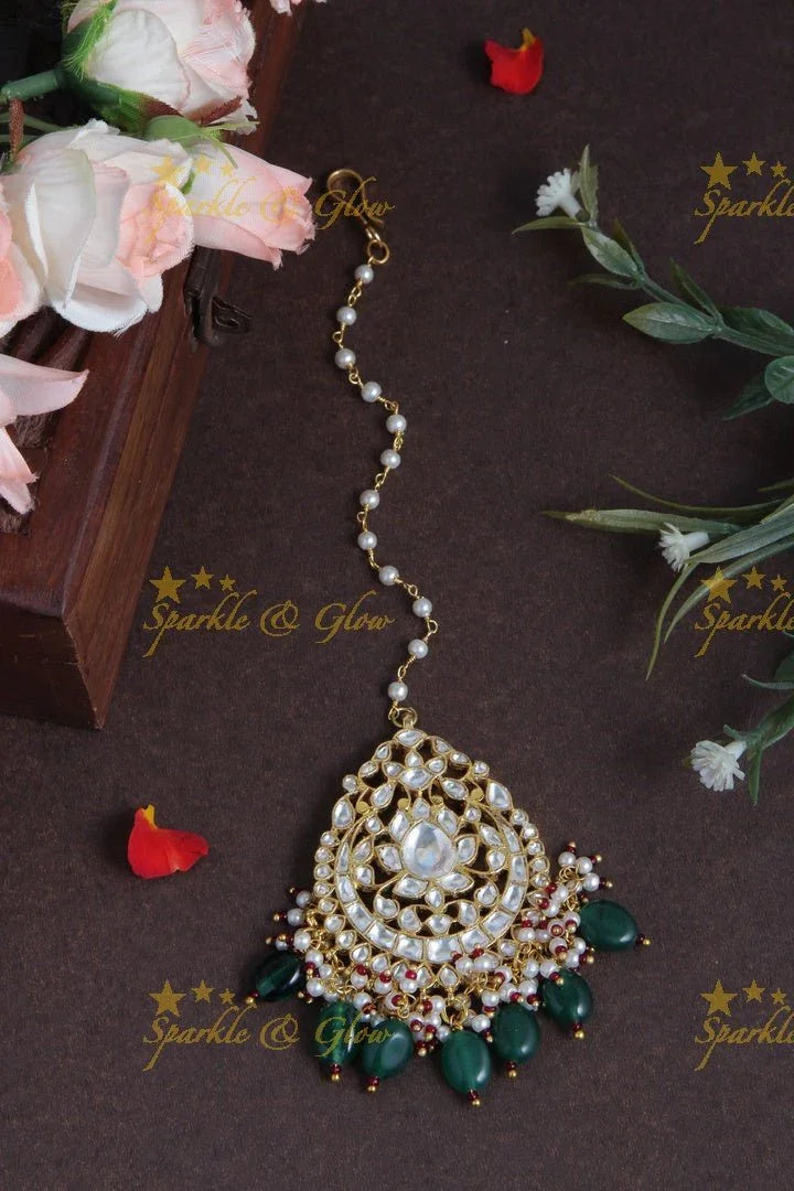 Beautiful Pearl chain Exclusive Tikka with Green beads - Sparkle and Glow