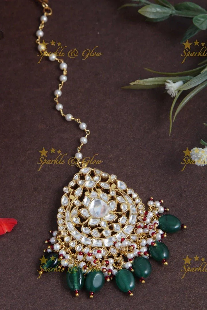 Beautiful Pearl chain Exclusive Tikka with Green beads - Sparkle and Glow