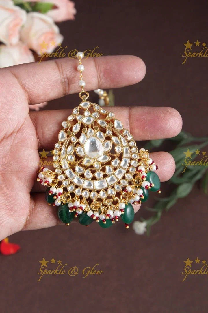Beautiful Pearl chain Exclusive Tikka with Green beads - Sparkle and Glow