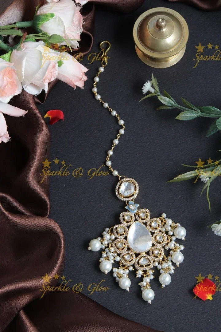 Gokd Alike Middle Stone Pearl chain Maang tikka with Pearls - Sparkle and Glow