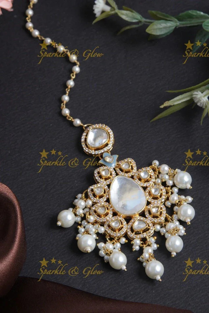 Gokd Alike Middle Stone Pearl chain Maang tikka with Pearls - Sparkle and Glow