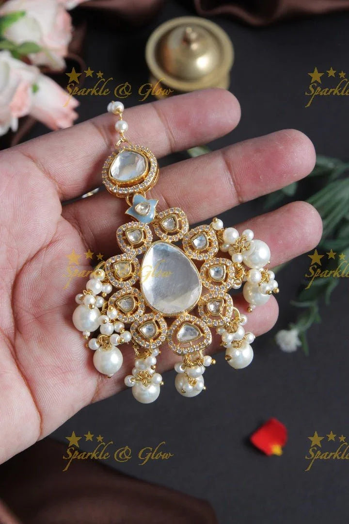 Gokd Alike Middle Stone Pearl chain Maang tikka with Pearls - Sparkle and Glow