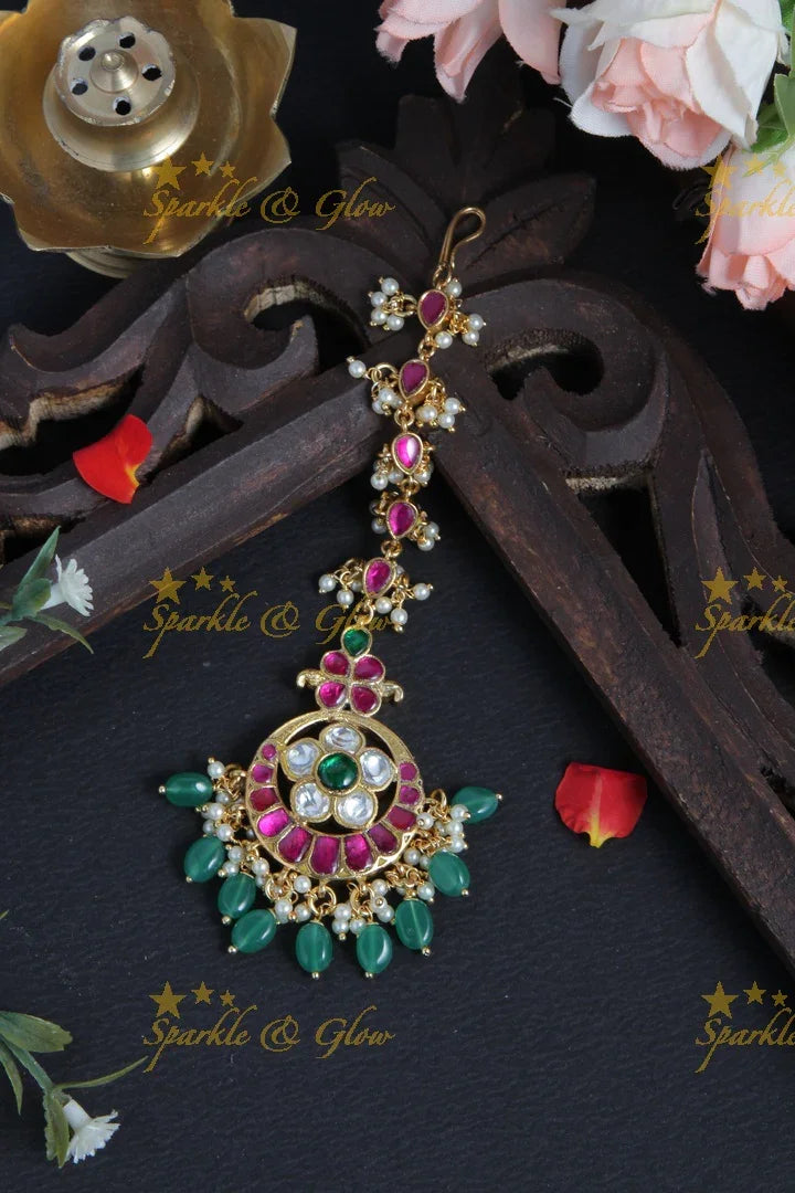 Gold Alike Floral Maang Tikka with Green beads - Sparkle and Glow