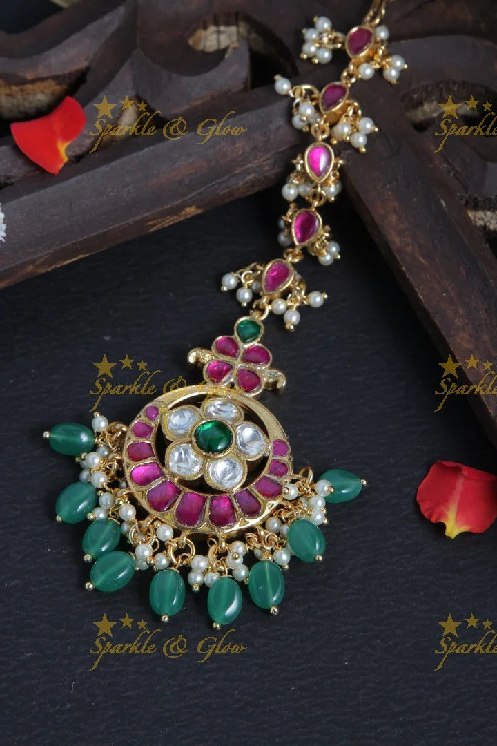 Gold Alike Floral Maang Tikka with Green beads - Sparkle and Glow
