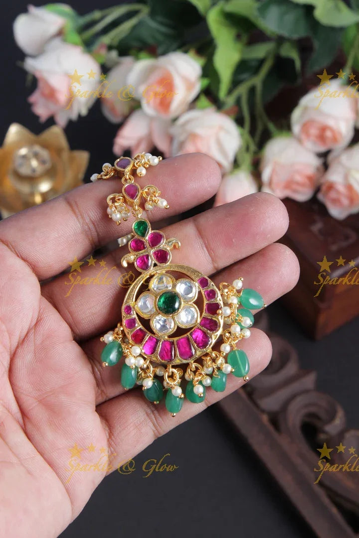 Gold Alike Floral Maang Tikka with Green beads - Sparkle and Glow