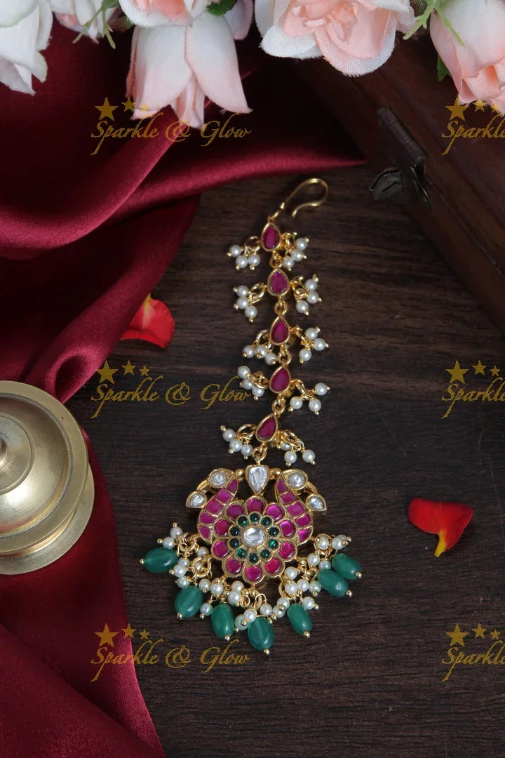 Beautiful Peacock Floral Maang Tikka with Green beads - Sparkle and Glow