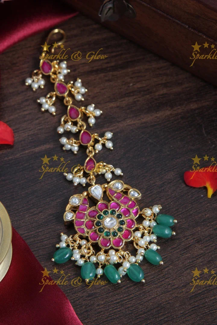 Beautiful Peacock Floral Maang Tikka with Green beads - Sparkle and Glow