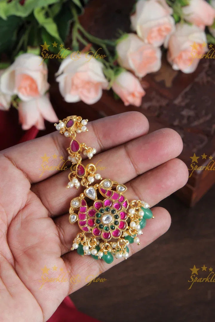 Beautiful Peacock Floral Maang Tikka with Green beads - Sparkle and Glow