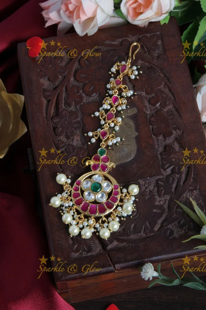 Gold Alike Floral Maang Tikka with Green beads - Sparkle and Glow