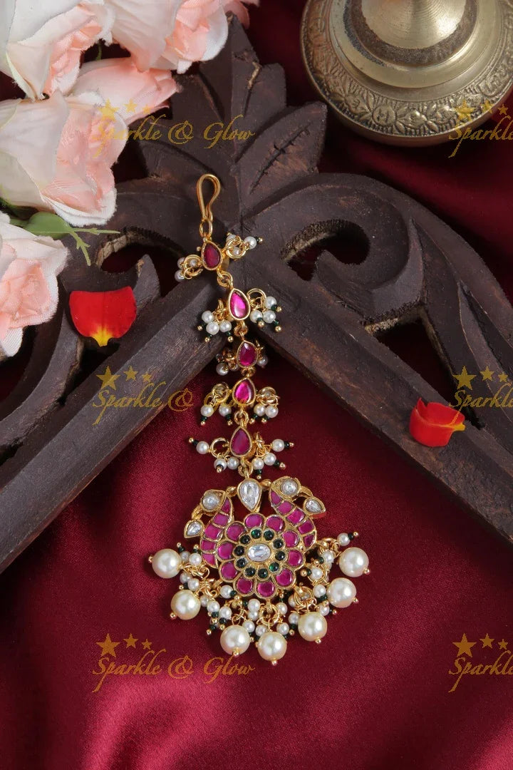 Beautiful Peacock Floral Maang Tikka with Green beads - Sparkle and Glow
