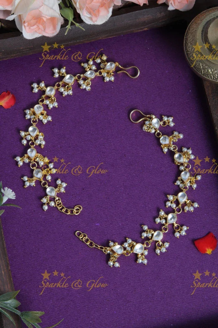 Beautiful Design White Stone Earchain with Pearls - Sparkle and Glow