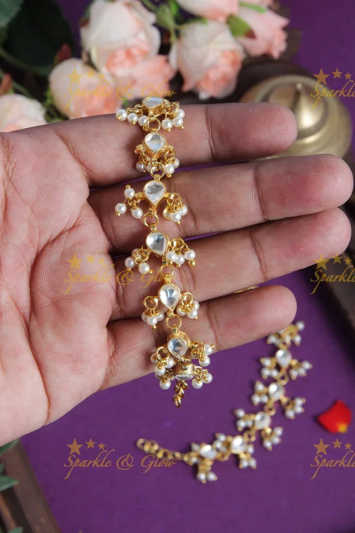 Beautiful Design White Stone Earchain with Pearls - Sparkle and Glow