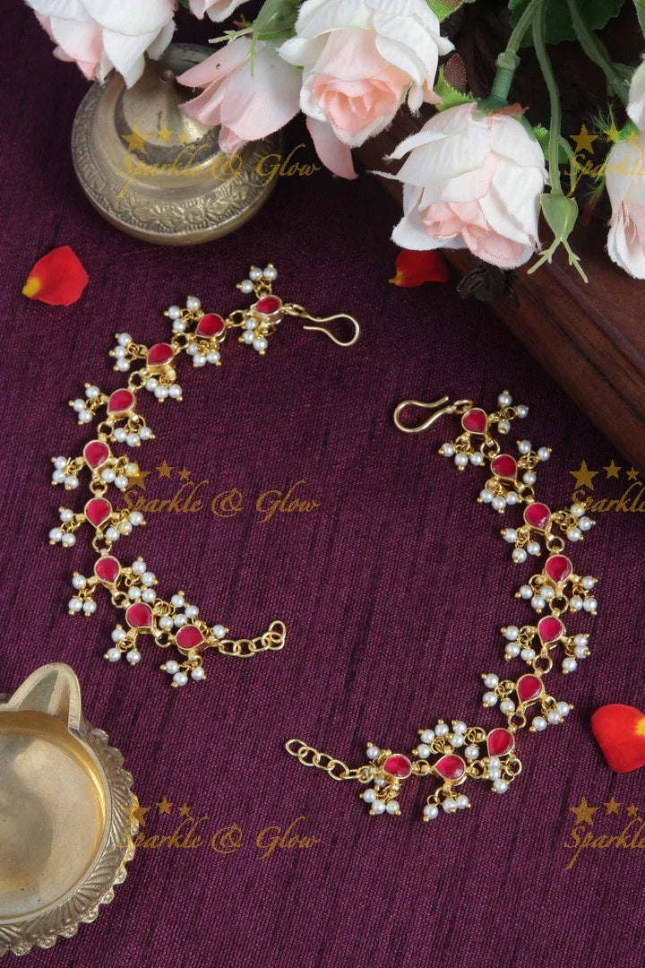 Beautiful Design White Stone Earchain with Pearls - Sparkle and Glow