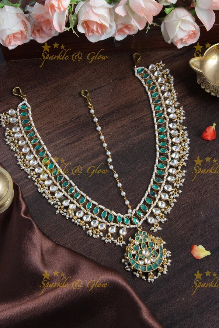 Bridal three sided jadau gutta pusalu maangthika with emarald kundan stones - Green - Sparkle and Glow