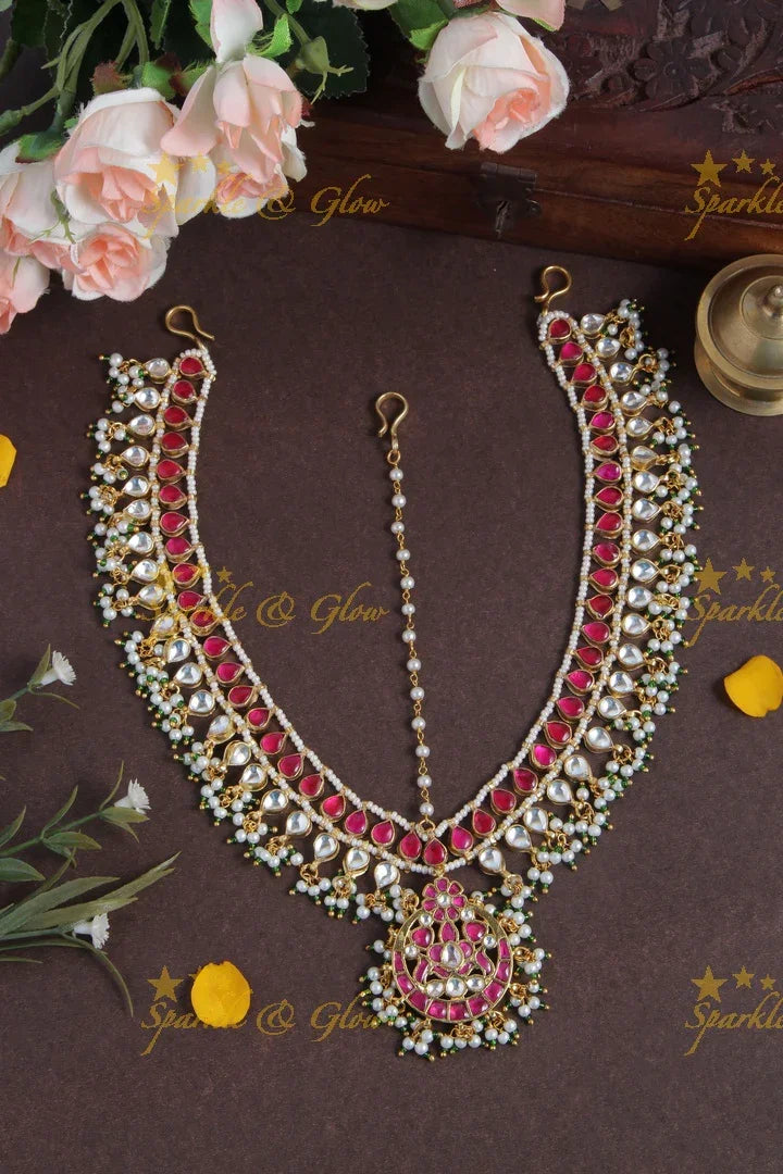 Bridal three sided jadau gutta pusalu maangthika with emarald kundan stones - Green - Sparkle and Glow