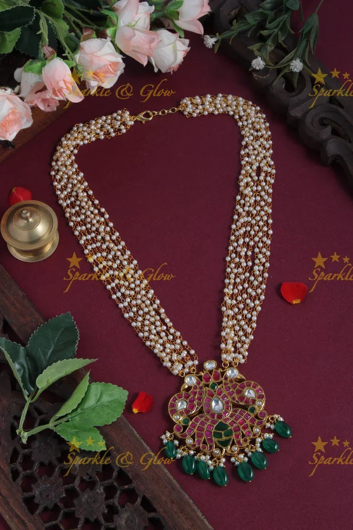 Multi Layer Pearl chain with kemp stone peacock pendent - Sparkle and Glow