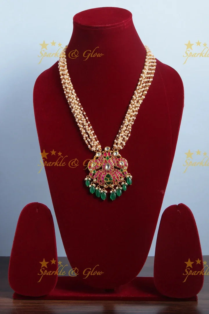 Multi Layer Pearl chain with kemp stone peacock pendent - Sparkle and Glow