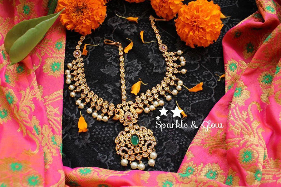 Bridal CZ stone peacock maang tikka - Sparkle and Glow