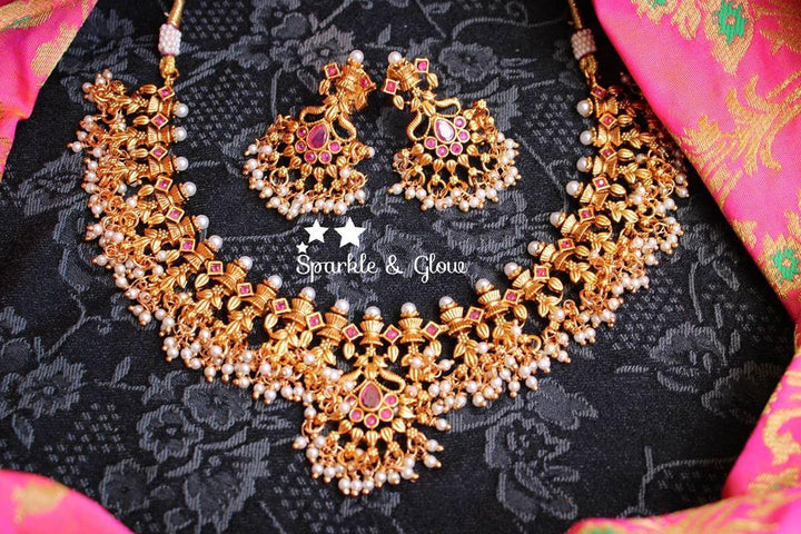 CZ stones Gutta pusala short neckset - Silver - Multi - Sparkle and Glow