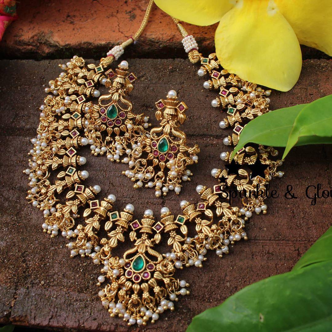 CZ stones Gutta pusala short neckset - Silver - Multi - Sparkle and Glow