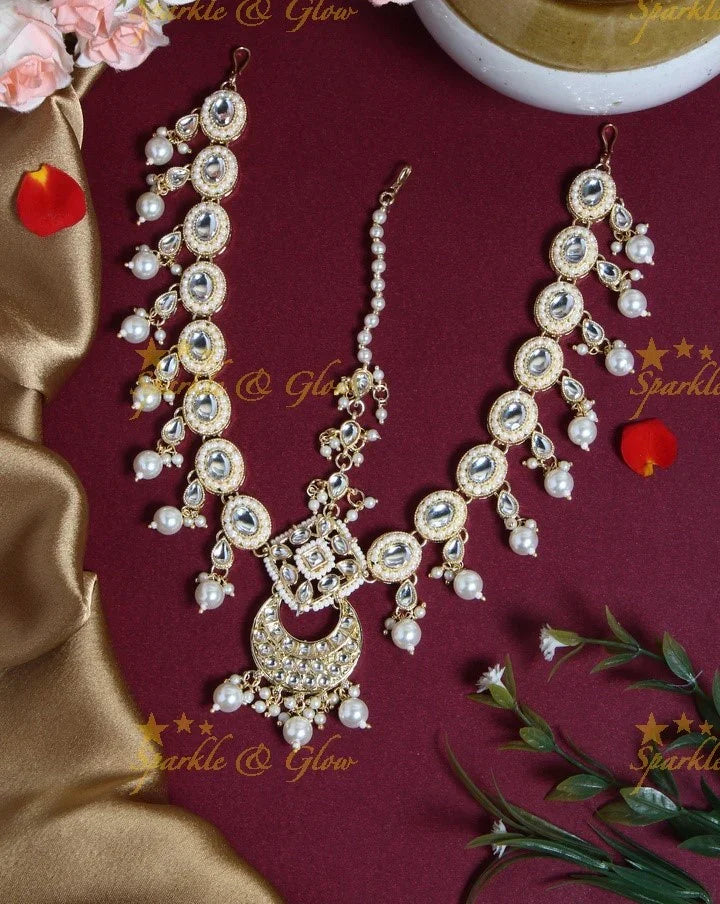 Bridal gold alike polished gutta pusalu maang tikka with pearl beads - Sparkle and Glow