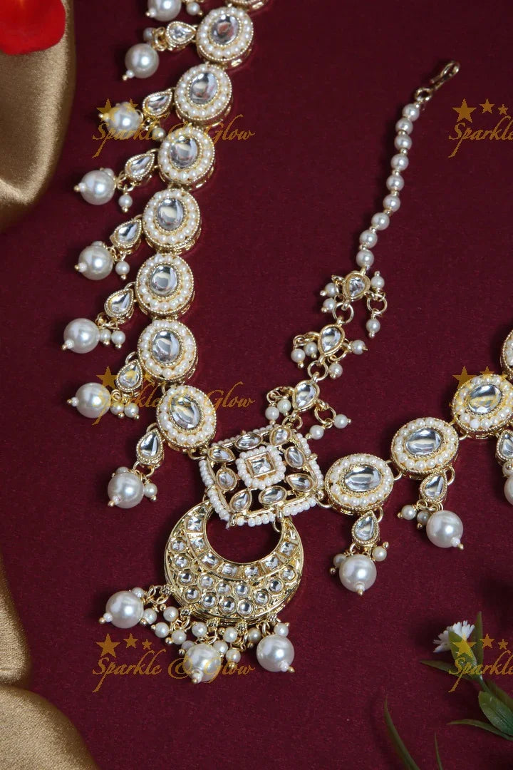 Bridal gold alike polished gutta pusalu maang tikka with pearl beads - Sparkle and Glow