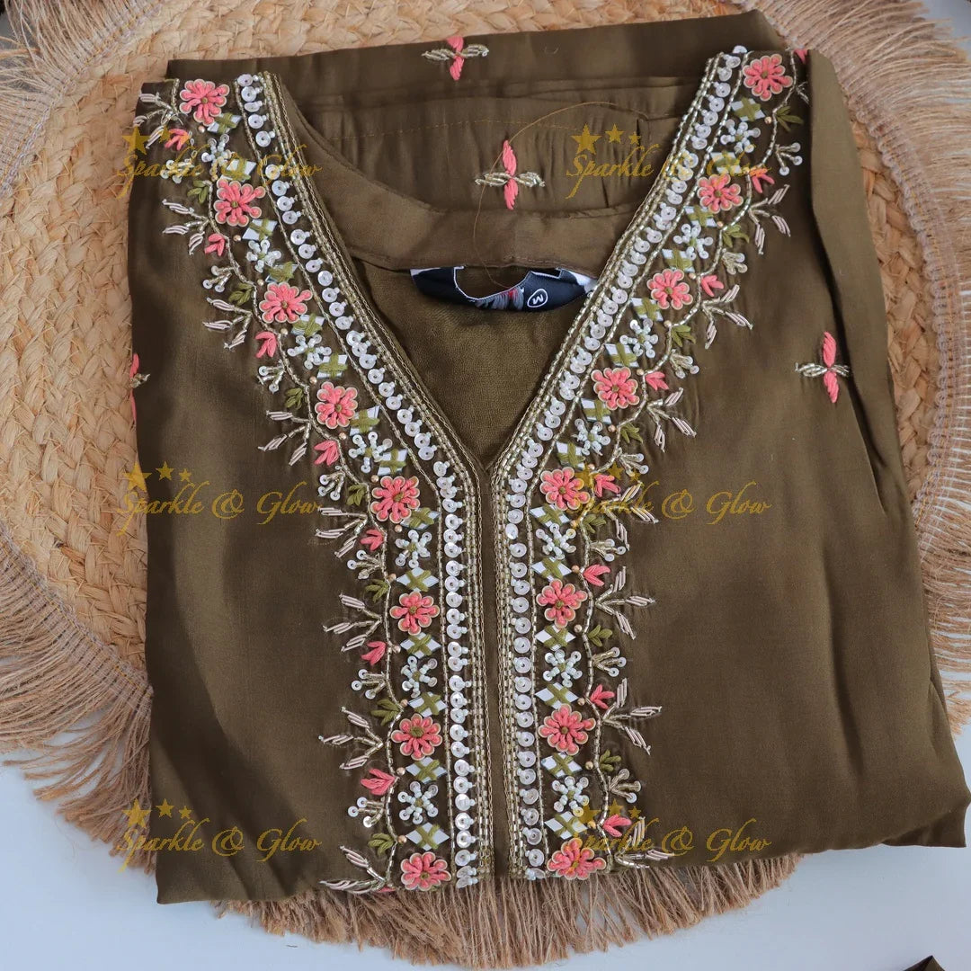 Gorgeous Roman Silk Kurti pant with Banarasi jacquard Dupatta set- Olive Green - Sparkle and Glow