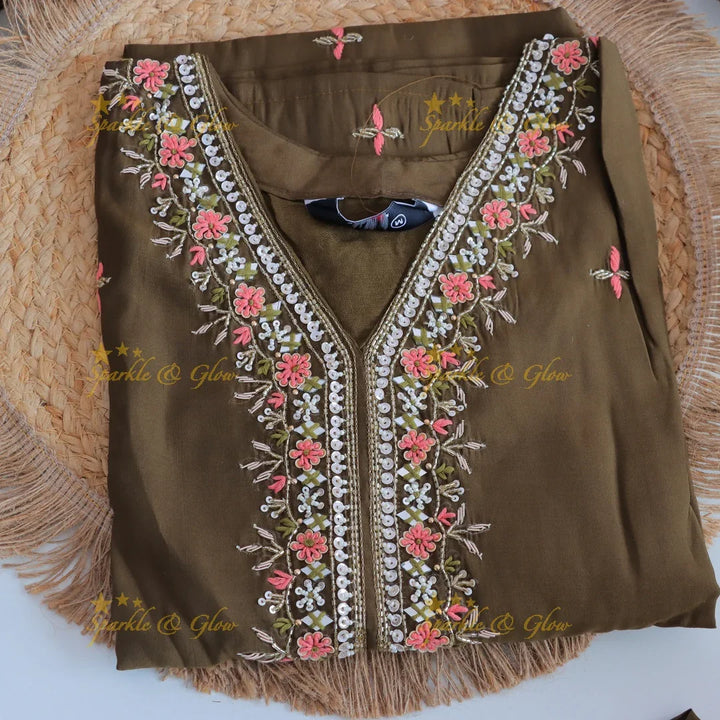Gorgeous Roman Silk Kurti pant with Banarasi jacquard Dupatta set- Olive Green - Sparkle and Glow
