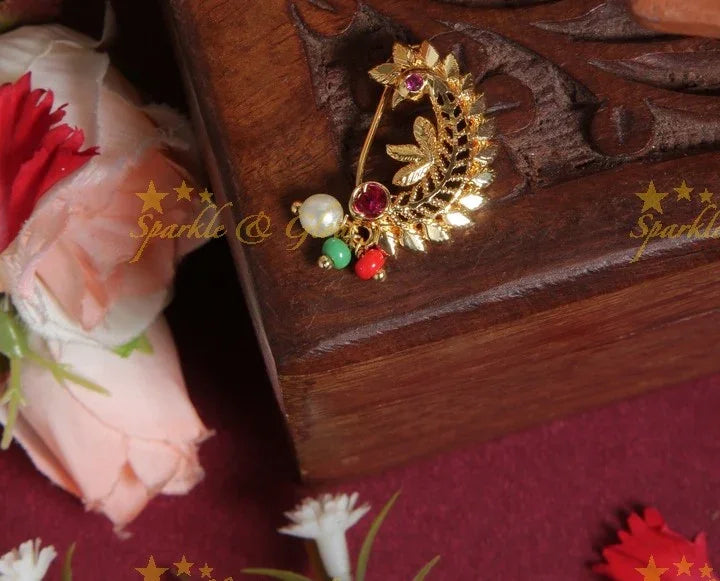 Gold alike polished peacock design nose pin- Pink - Sparkle and Glow