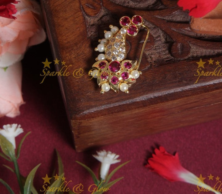 Designer bridal maratian style AD nose pin- Pink White