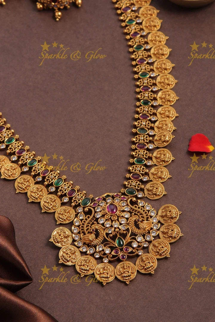 Premium Matte Floral Lakshmi Coin Necklace- Multi - Sparkle and Glow