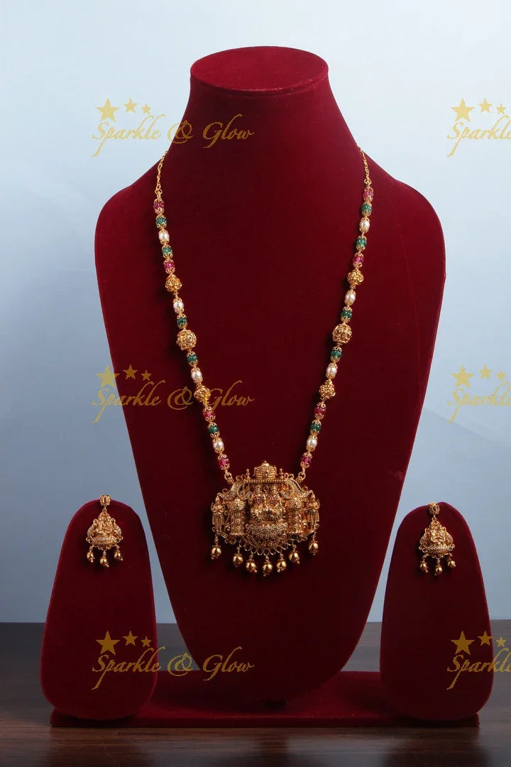 Gold Alike Polished Lakshmi Narayana Pendant Necklace With Gold Beads- Multi - Sparkle and Glow