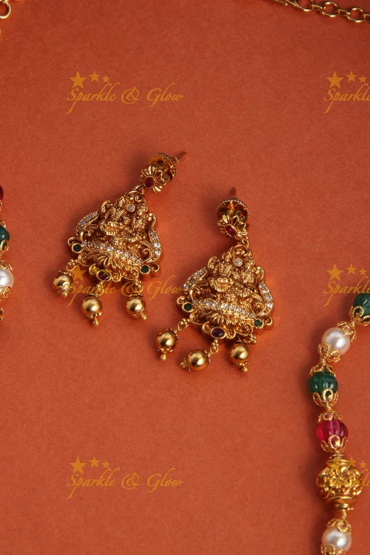 Gold Alike Polished Lakshmi Narayana Pendant Necklace With Gold Beads- Multi - Sparkle and Glow