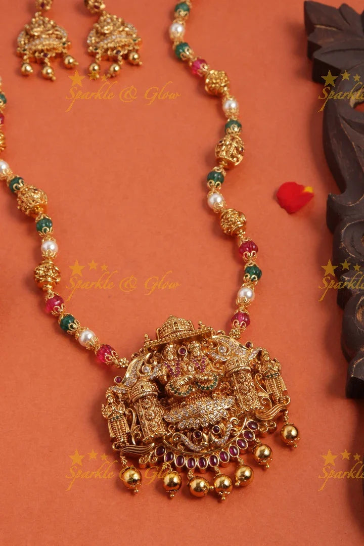 Gold Alike Polished Lakshmi Narayana Pendant Necklace With Gold Beads- Multi - Sparkle and Glow
